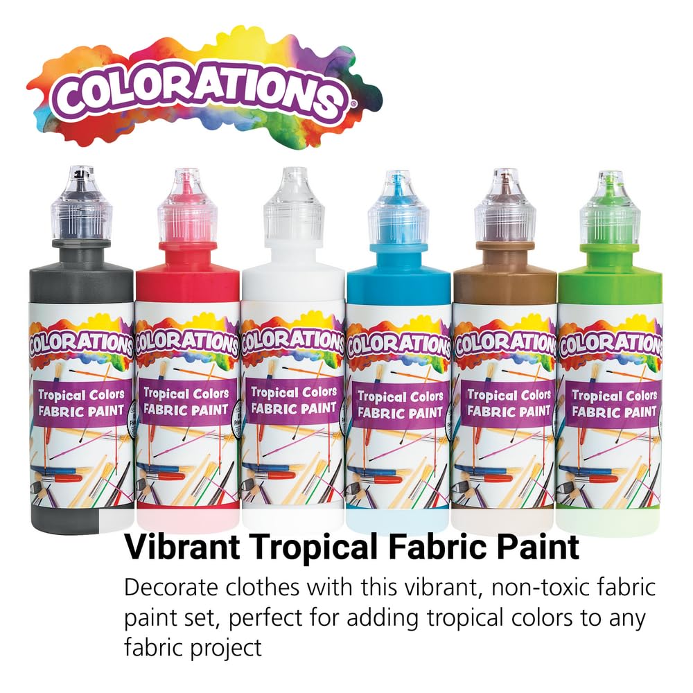 Colorations® Fabric Paint Set, 4oz Bottles, 6 Tropical Colors, Fabric Paint is Permanent & Remains On The Fabric, Creamy & Easy to Apply to Cotton, Cotton blends, Polyester, Canvas & more,No Cracking!