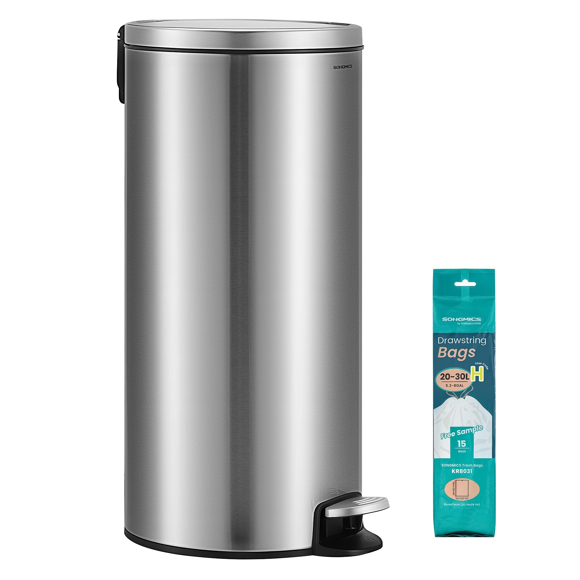 SONGMICS Poubelle 30 L, Rond, avec 15 Sacs Poubelles, Pédales en Métal, Seau Amovible en Plastique, Poignée, Couvercle à Fermeture en Douceur, en Acier Inoxydable, Argent LTB031EZ02