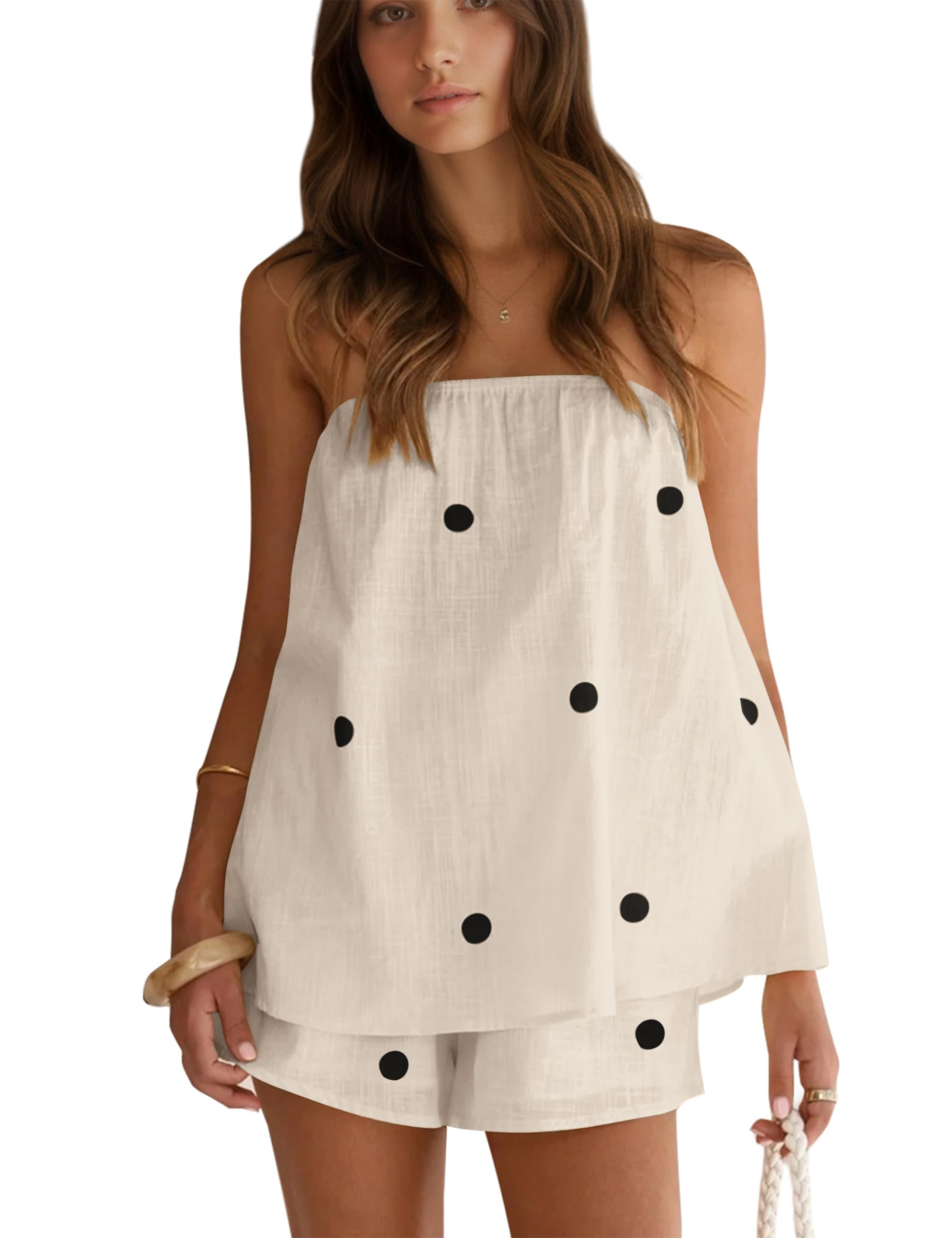 Photo 1 of calbatic Polka Dot 2 Piece Shorts Set Summer Lounge Sets Strapless Top and Shorts Matching Airport Travel Vacation Outfits