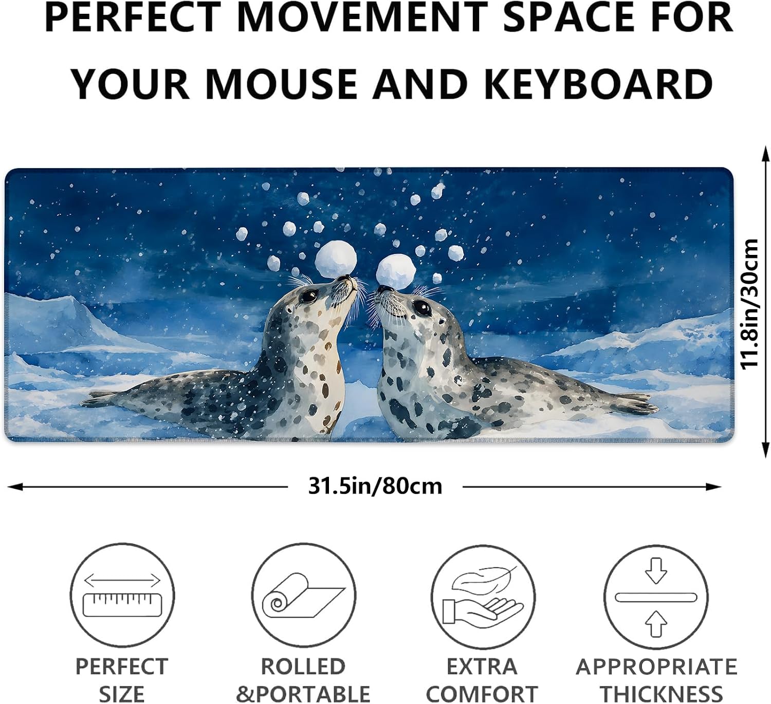 Funny Seal Snow Mouse Pad,Arctic Wildlife Snowball Non Slip Rubber Base Mousepads,Desktop Decor for Laptop Gifts,Winter Art Office Supplies Accessories,31.5x11.8x0.12 inches Large Desk Mat image 3