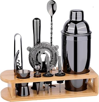 Cocktail Shaker Set Bartender Kit 12-Piece Bar Tool Set with Bamboo Stand | Bar Set with All Practical Bar Accessories, for Drink Mixing, Bar, Home, Lounge & Party Titanium Grey
