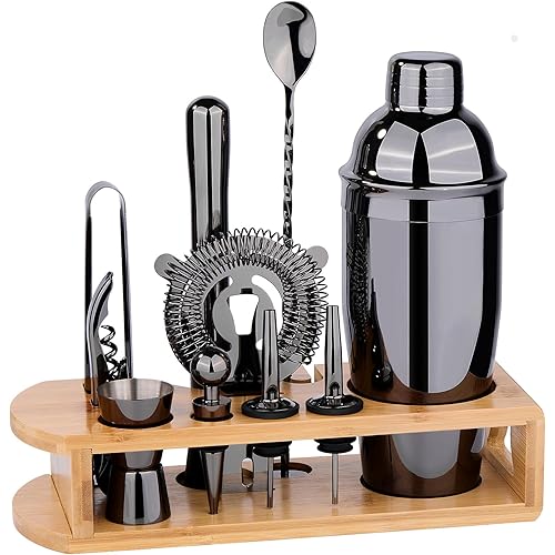 Cocktail Shaker Set Bartender Kit : 12-Piece Bar Tool Set with Bamboo Stand | Bar Set with All Practical Bar Accessories, for Drink Mixing, Bar, Home, Lounge & Party (Titanium Grey)
