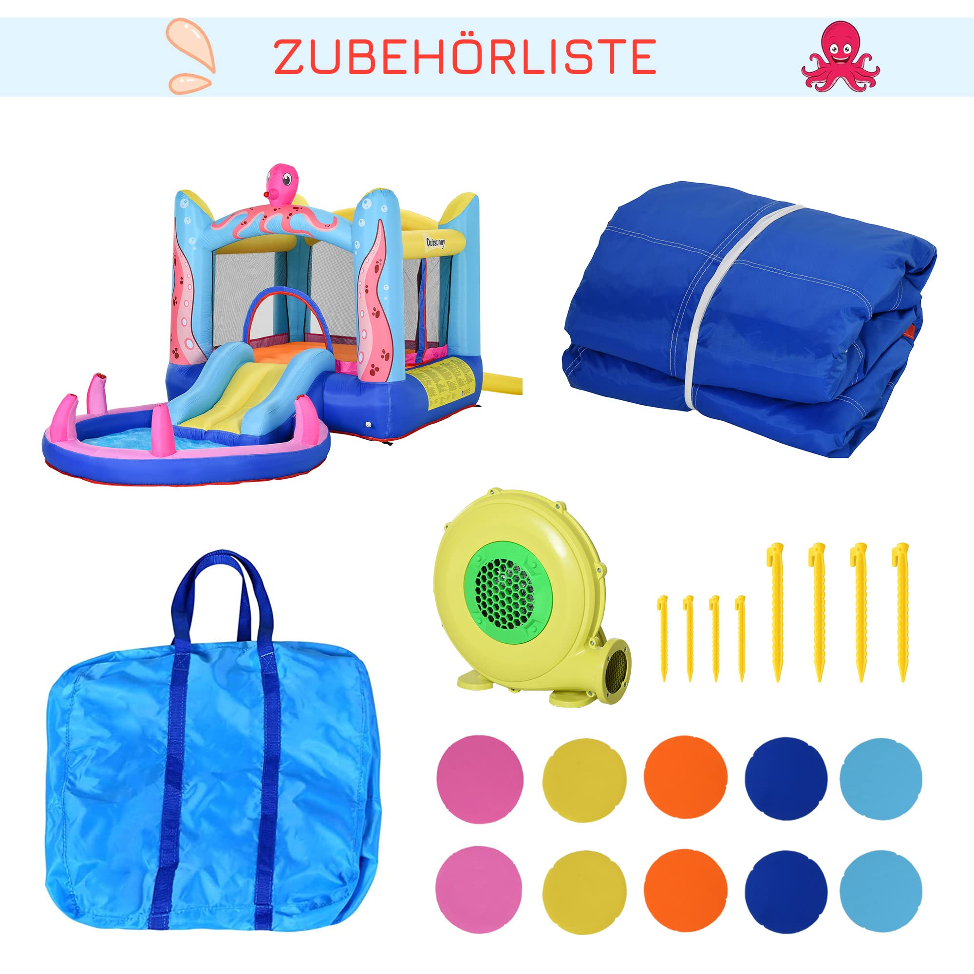 Outsunny Aufblasbare Hüpfburg mit Rutsche Springburg Spielburg Wasserpark für Kinder Trampolin aufblasbar Wasserrutsche Pool für 3-8 Jahre Oktopus-Muster Oxfordstoff 360 x 175 x 180 cm