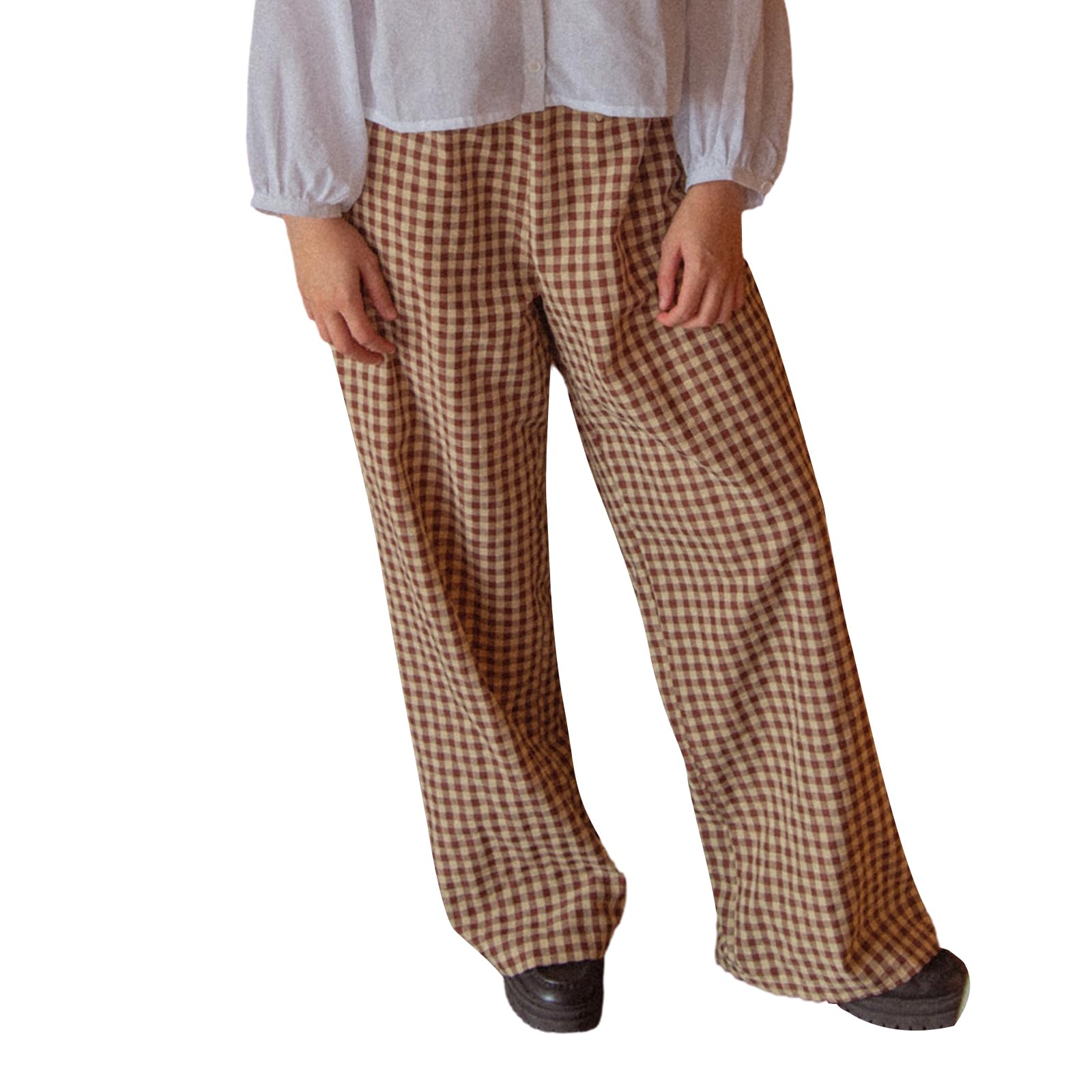 Women Plaid Wide Leg Pants High Waist Drawstring Pants Casual Lounge Pants Loose Trousers Sweatpants Bottoms