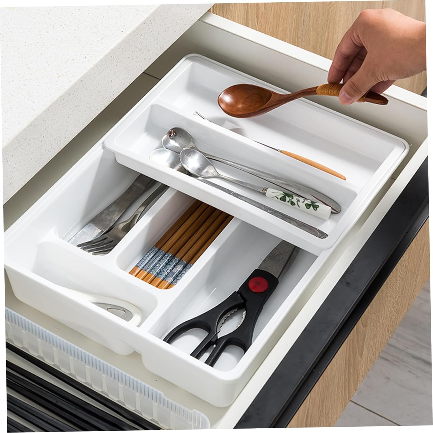 Silverware Drawer Organizer 2 Layer 10x12x2 Multi-Grid Cutlery Drawer Organizer with Slidable & Removable Top Layer for Kitchen Storage and Organization, White