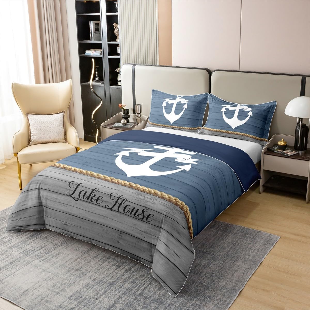 Castle Fairy Lake House 100% Organic Cotton Comforter Cover Nautical Anchor Print Ocean Style Duvet Cover Set Queen Size for Bedroom Rustic Farmhouse Wooden Board Bedding Set with 2 Pillowcases