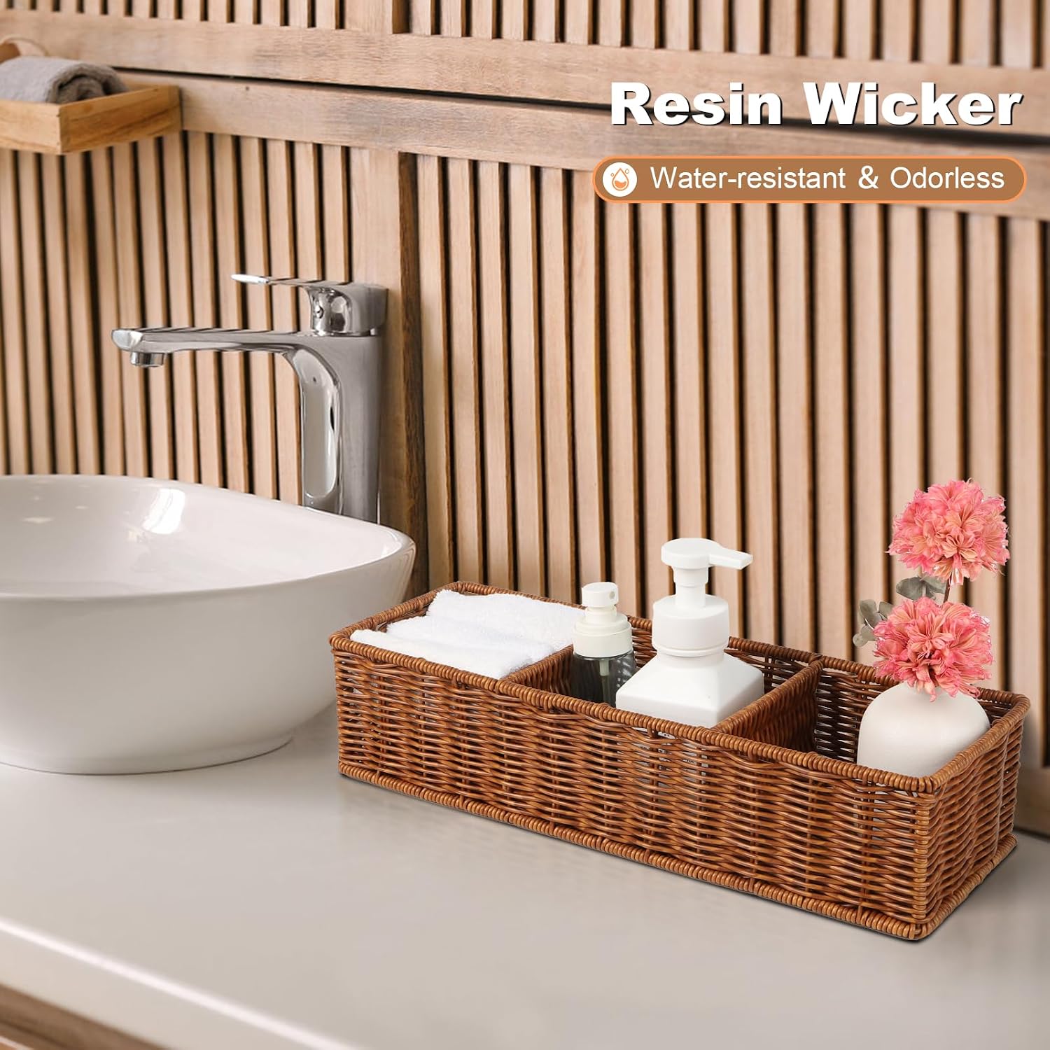 Waterproof Wicker Bathroom Basket with 3 Compartments, Brown