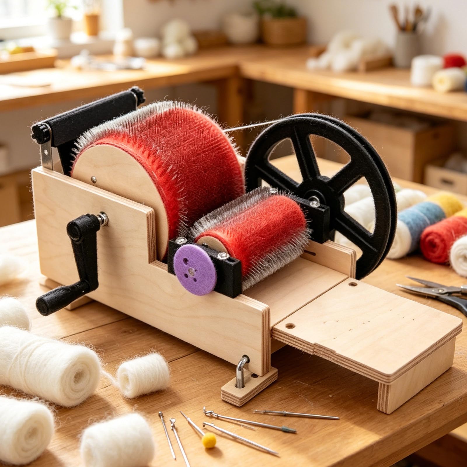 ZyKnaurral Hand Crank Drum Carder Carding, Wool Fiber Wooden Carding Machine with Brush & Awl, Fast Color Mixing, Combing, Spinning, for DIY Felting 14cm
