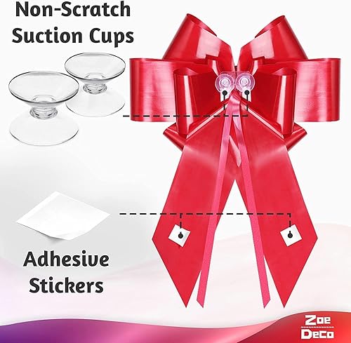 Miniatura 10 de Zoe moño con diseños para auto, color rojo, para regalo, lazo grande de 23 pulgadas para capota o parabrisas, moño con textura elegante.