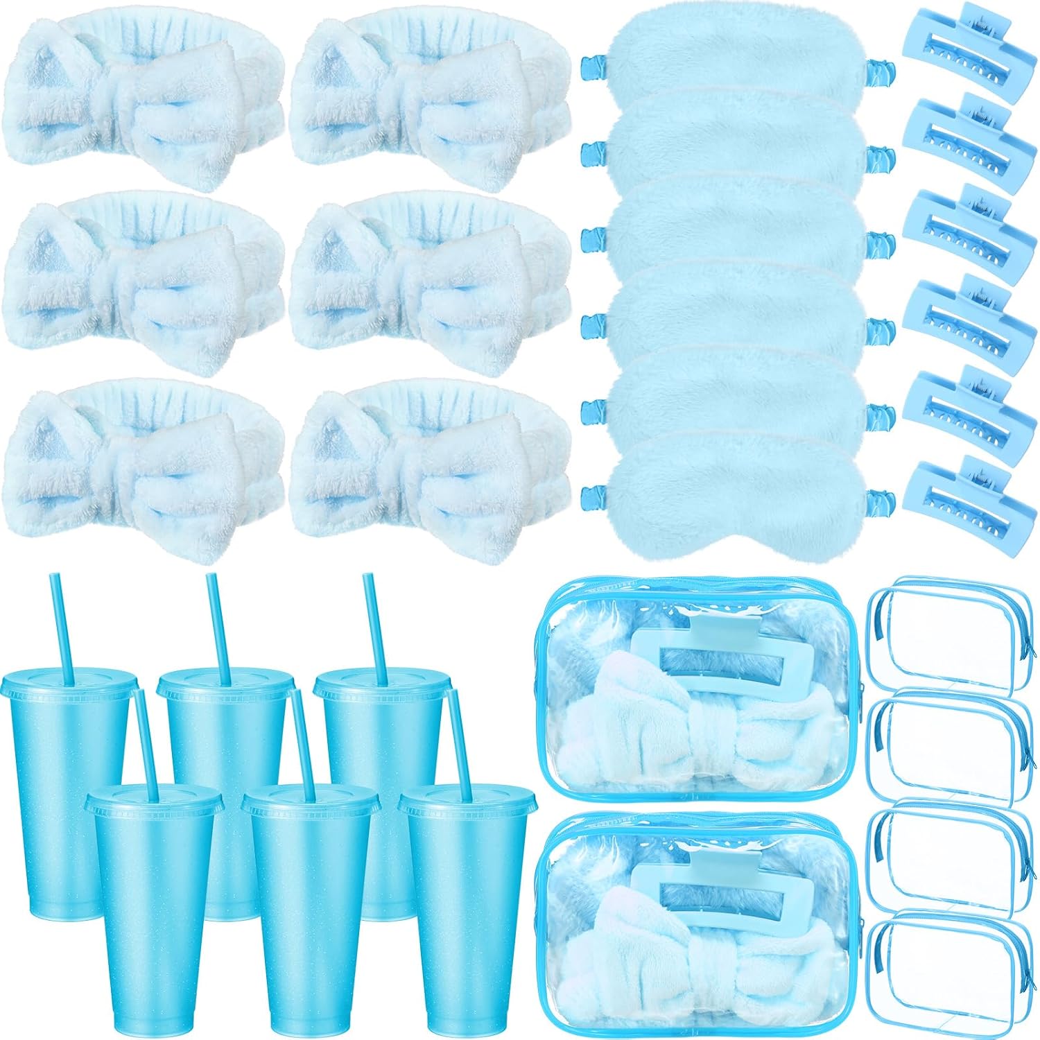 30 Pcs Spa Party Favor for Women Sleepover Party Supplies 6 Bow Headband 6 Eye Mask 6 Hair Clip 6 Cosmetic Bag 6 Glitter Plastic Cup for Adult Spa Birthday Bachelorette(Blue)