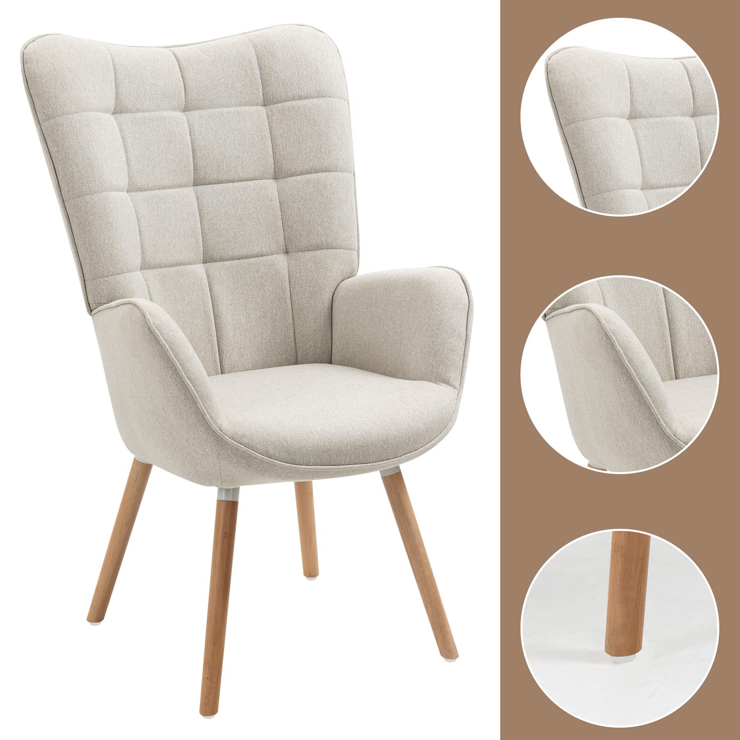 MEUBLE COSY, Beige Sedia da Ufficio Poltrona da Scrivania Imbottita Scandinavia con Braccioli in Tessuto con Schienale Alto Gambe in Legno per Studio, 66x71x106cm