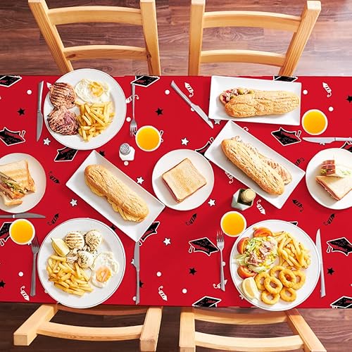 Miniatura 5 de Decoraciones de fiesta de graduación para clase de 2024, mantel rojo de graduación de 3 piezas, mantel de plástico de felicitación para universidad,