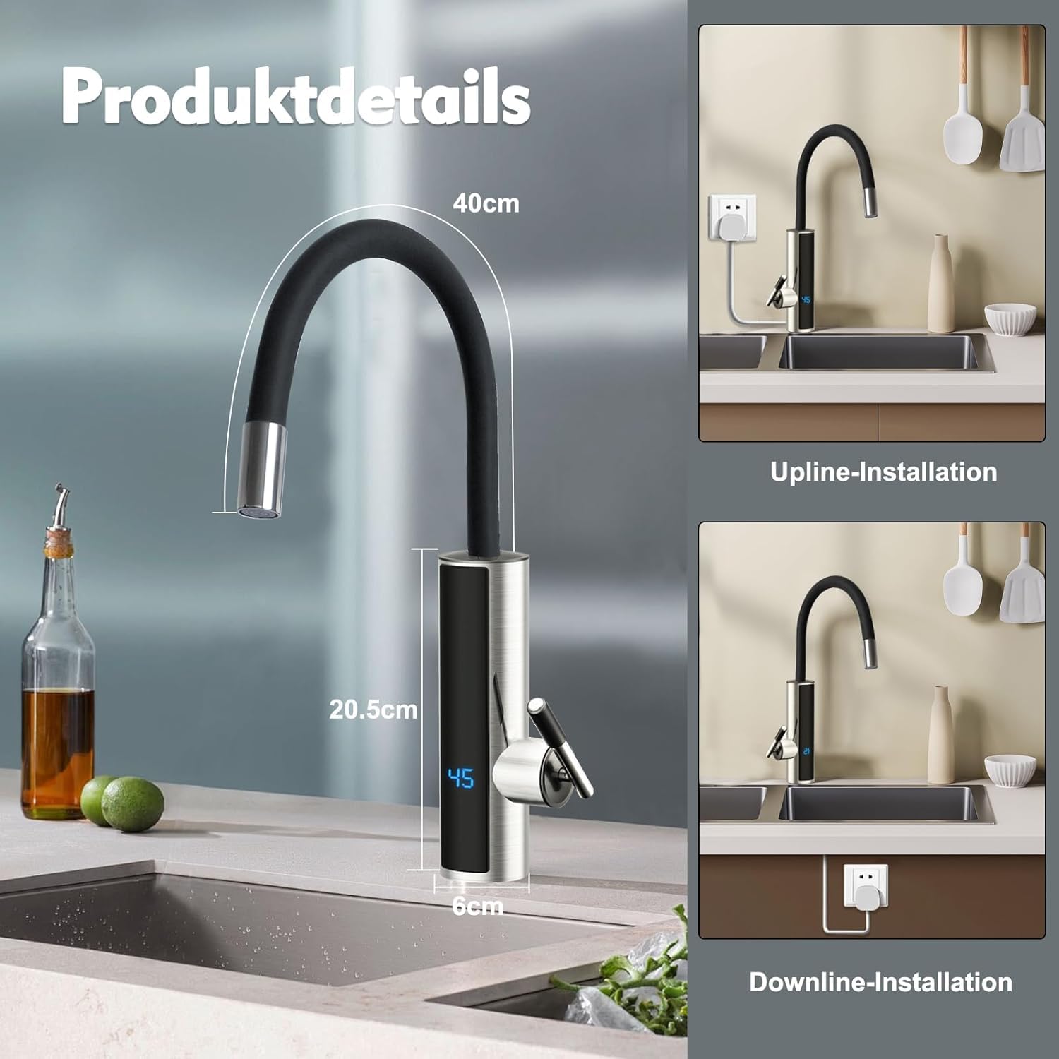 Elektrisch Wasserhahn mit Durchlauferhitzer 230V | LED Temperaturanzeige | 360º Misch Drehung Küchenarmatur | 304 Edelstahl Armatur, für Küche, Bad, Wohnwagen, Camping