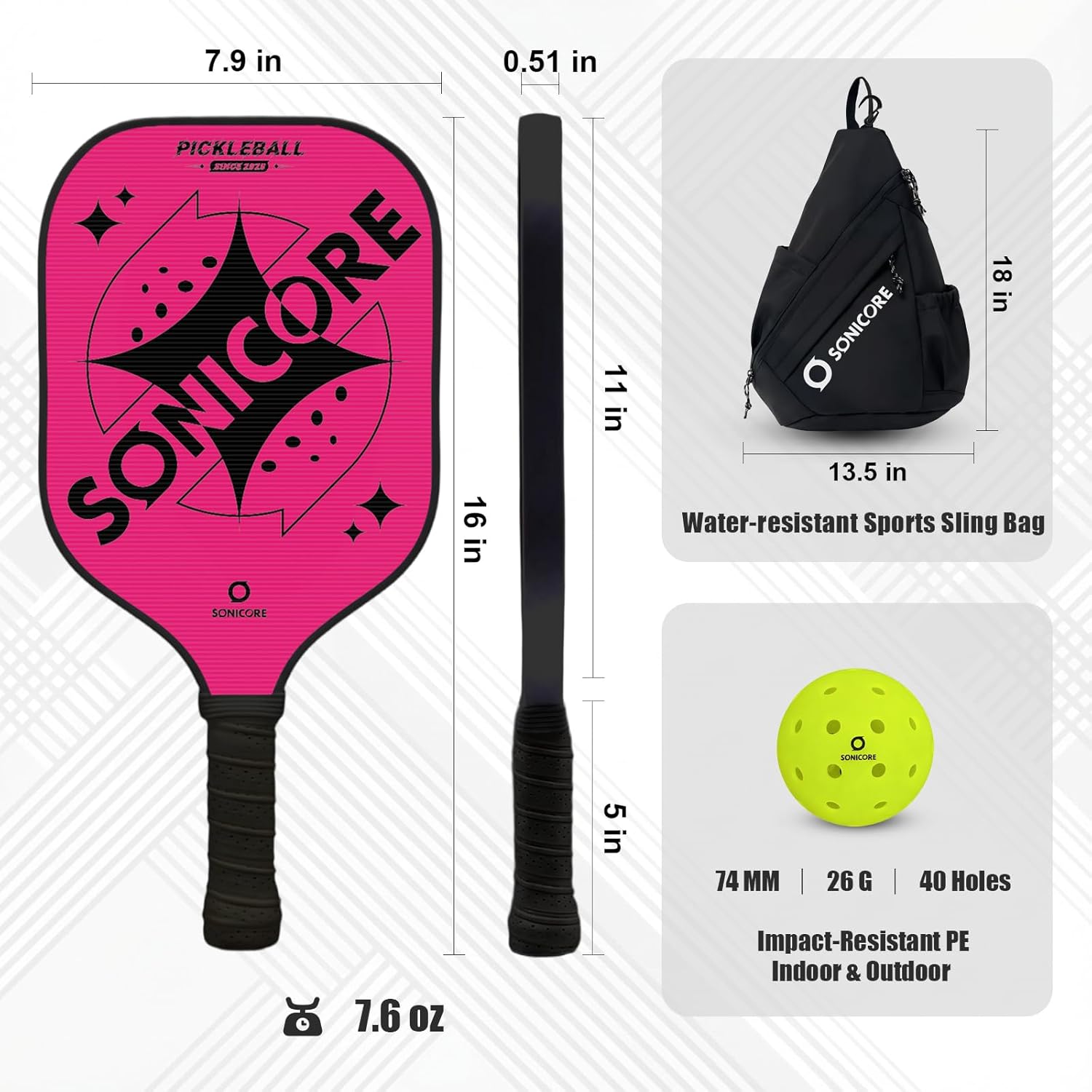 Sonicore Fiberglass Pickleball Paddle Set of 2 for Beginners, Lightweight Starter Kit with 4 Outdoor Balls, Sling Bag & Accessories, Pickleball Set for Men & Women