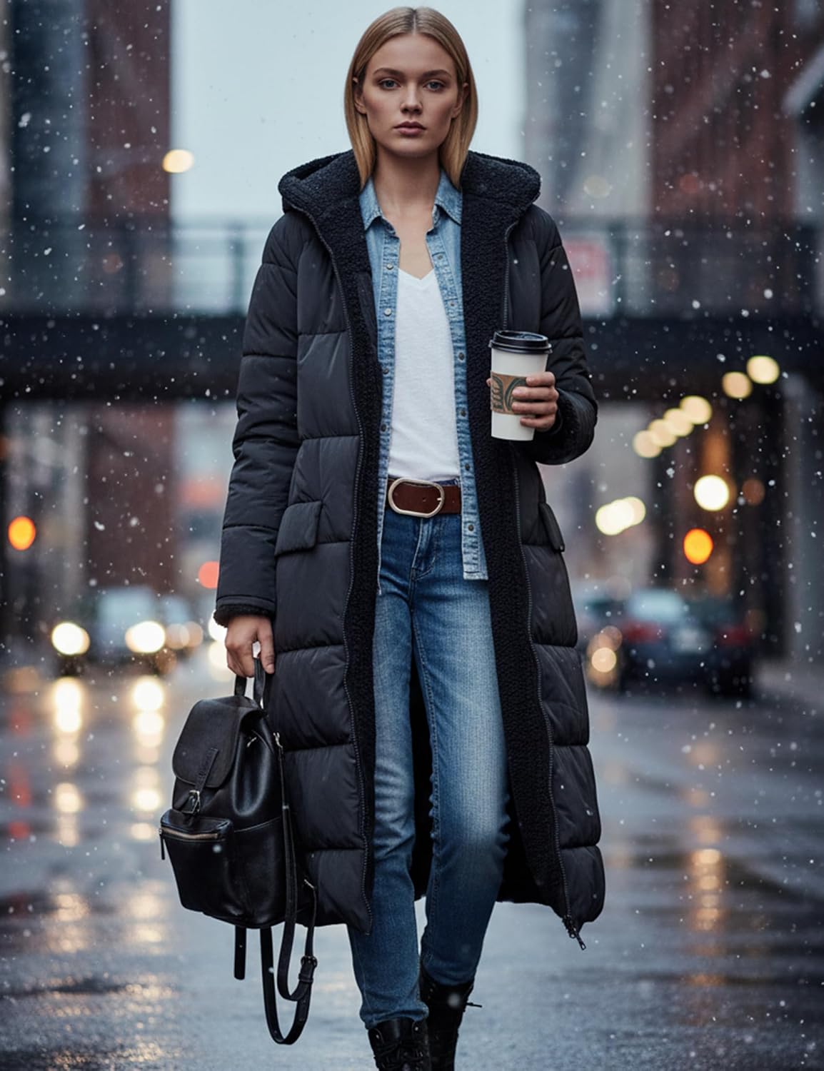 Womens Reversible Long Puffer Coat Sherpa Lined Hooded Winter Jacket - Image 6