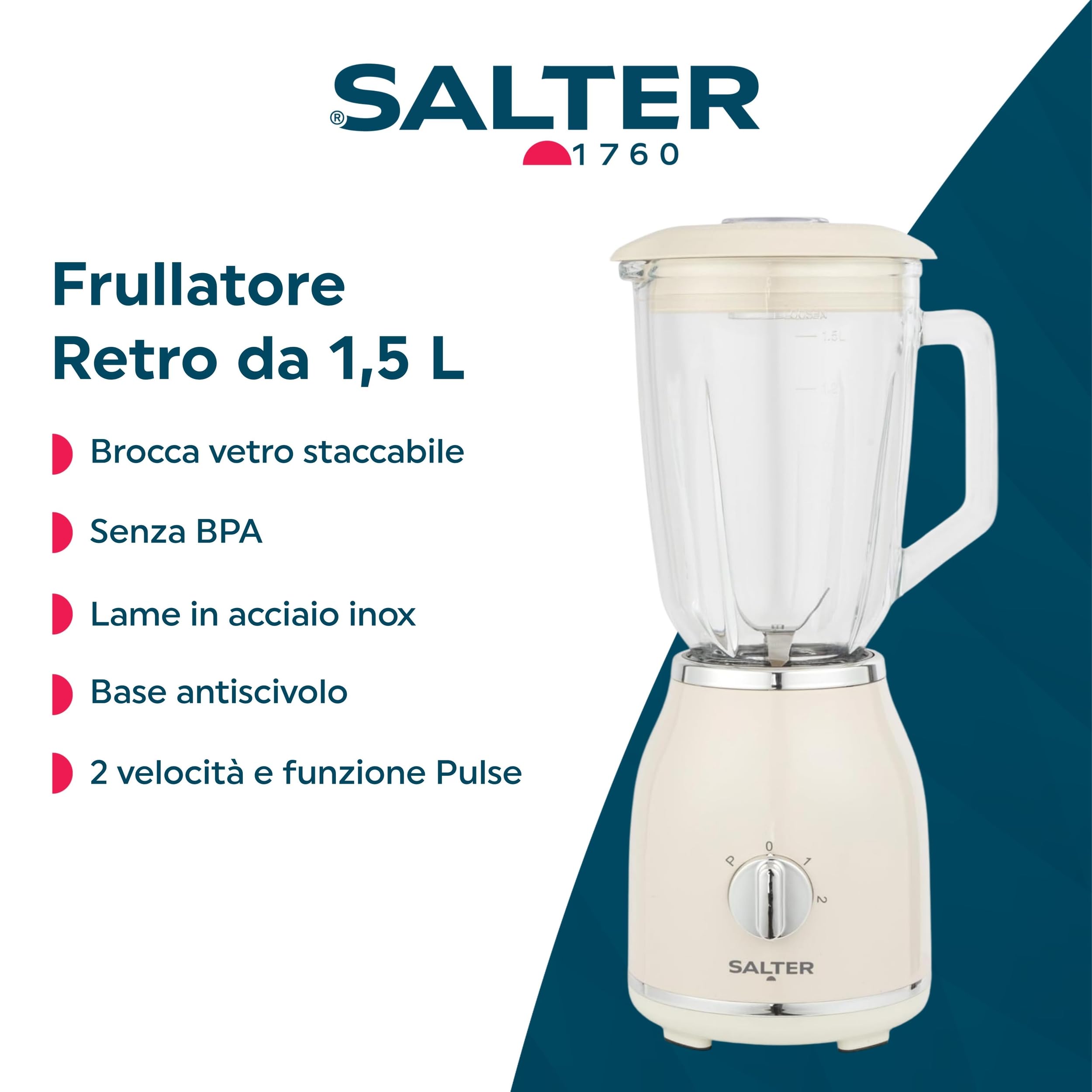Salter Retro Cream Jug Blender - Brocca in vetro staccabile da 1,5 litri senza BPA, 2 velocità e funzione Pulse, lame incrociate in acciaio inox, frullati e frappè proteici, base antiscivolo, 1000 W
