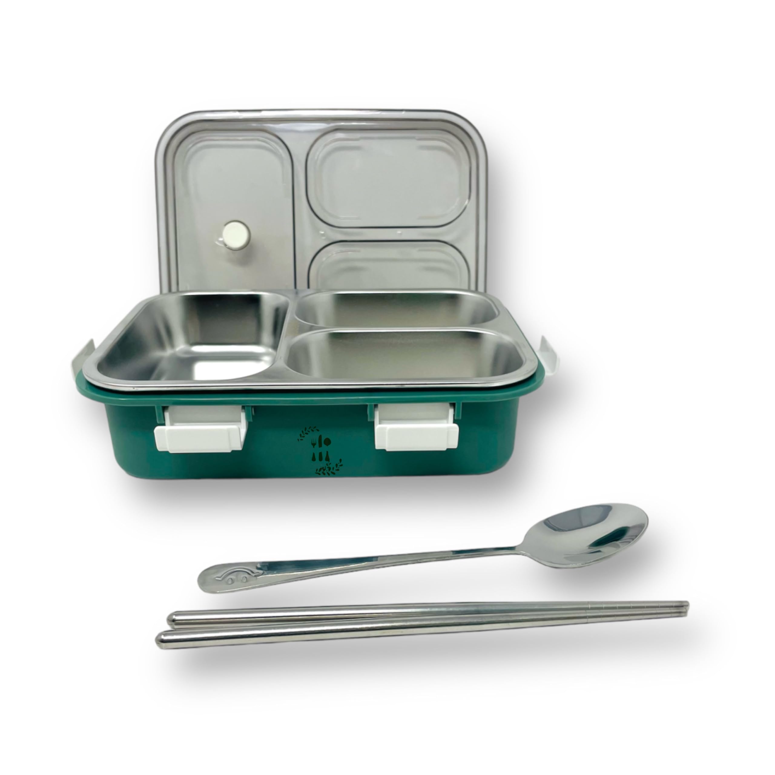 Stainless Steel Lunch Box 3 Compartment with Steel Cutlery, Heating Insulation | Lunch Boxes for offie Men | Lunch Box for Office Women & Kids | Tiffin Box (750 ml) (Dark Green)