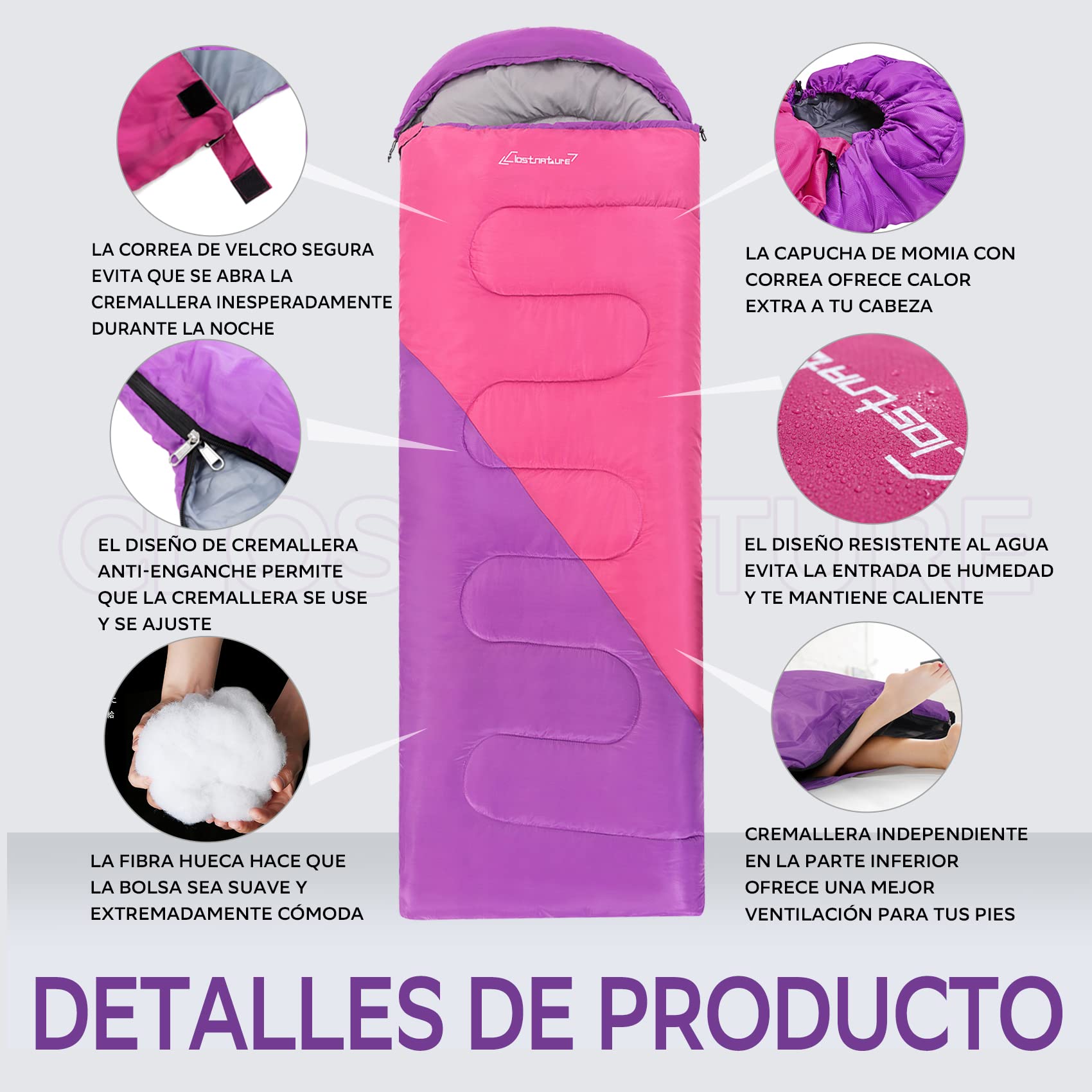 Clostnature Saco de Dormir Ligero para Acampar - Saco de Dormir Rectangular Casual al Aire Libre con Tamaño de Paquete Pequeño para Adultos, Mujeres, Senderismo de Deportes (Cremallera Izquierda)