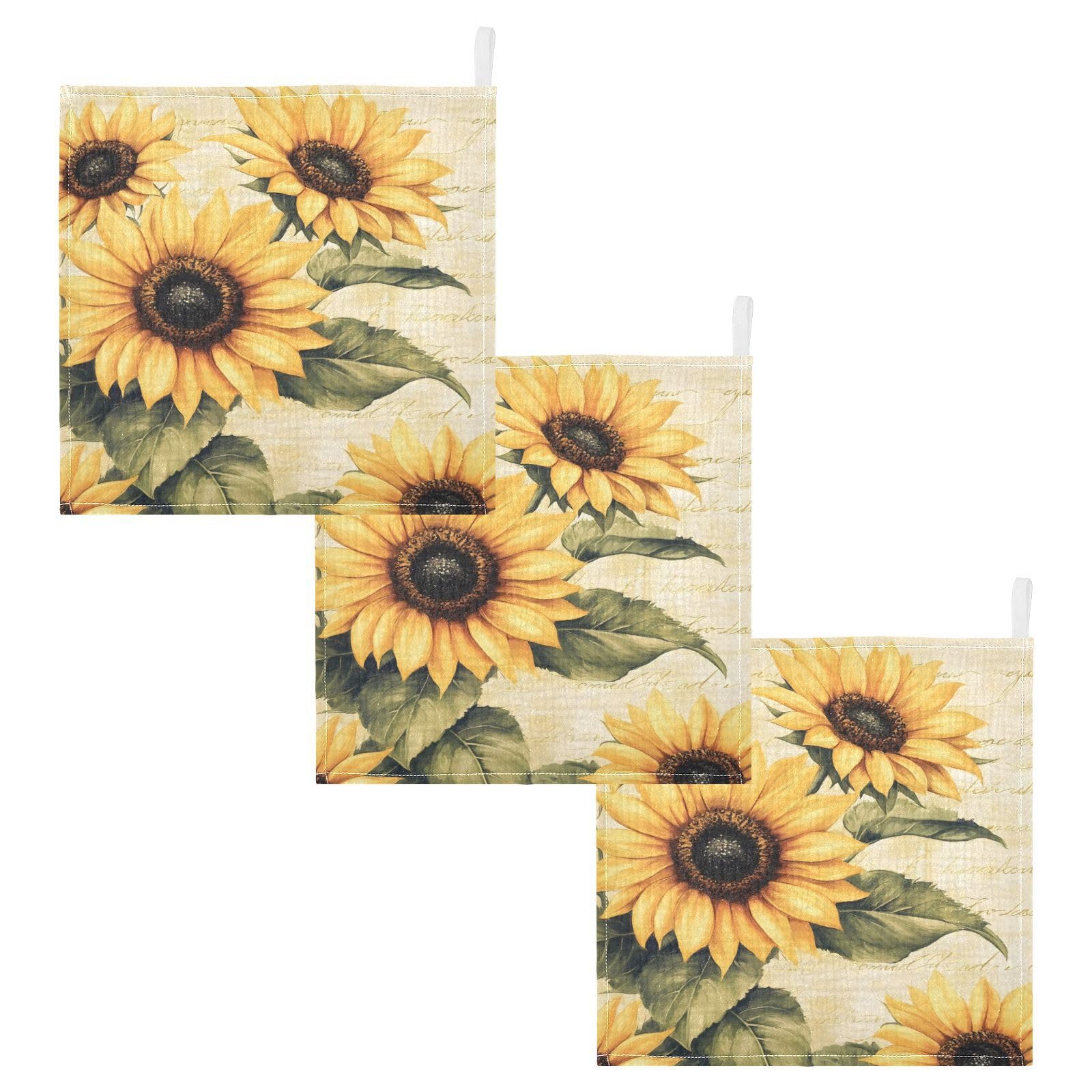 Nander Retro Sunflower Baby Muslin Washcloths 3PCS- Soft Face Cloths for Newborn Absorbent Bath Wash Cloths Wipes Burp