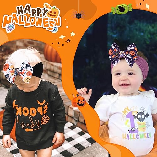 Miniatura 4 de VOBOBE Diademas de Halloween para bebé, lazo de animación, lazo de pelo de calabaza naranja con estampado de murciélago fantasma, bandas de nailon