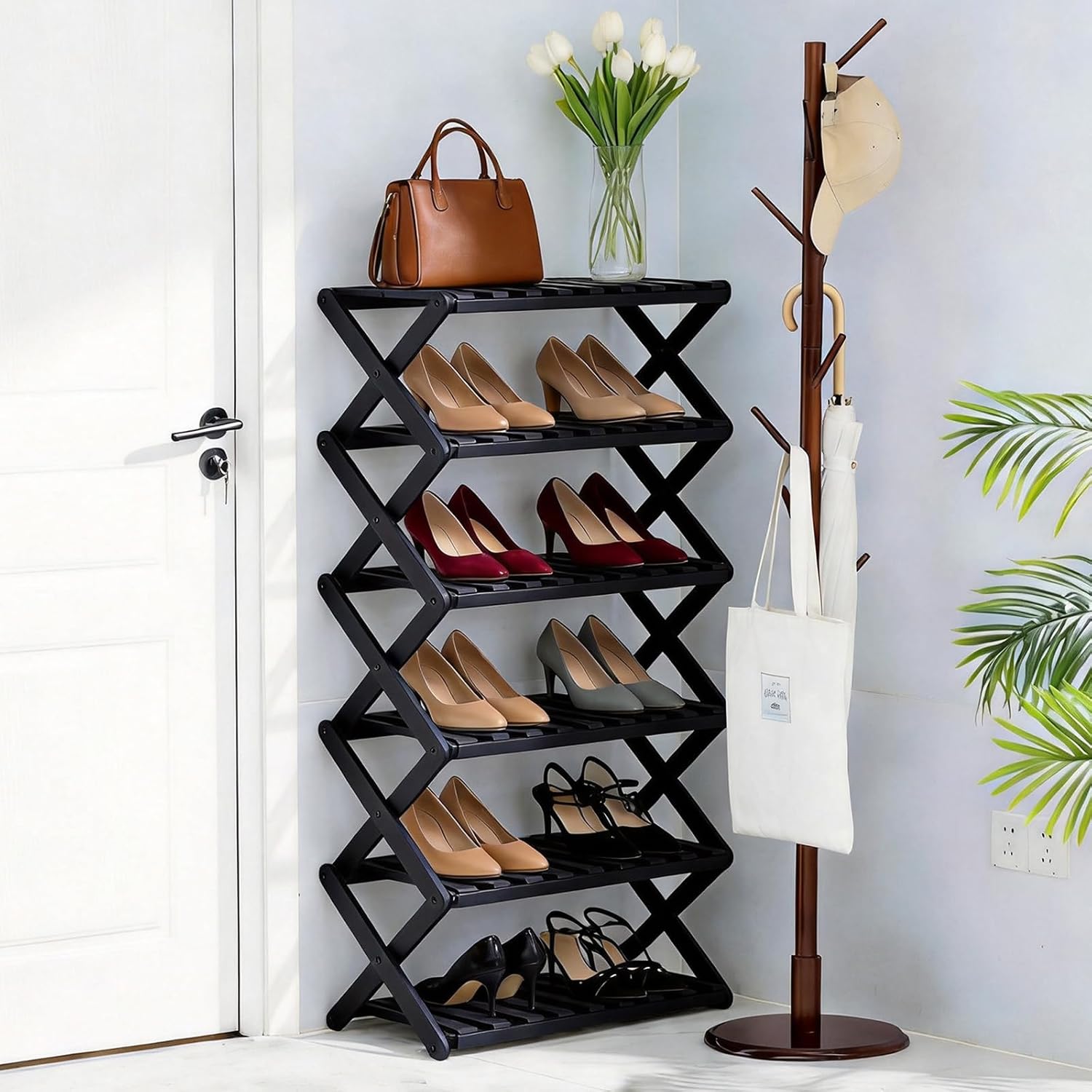 6 Tier Bamboo Shoe Rack Black,Portable Folding Shoe Storage Rack,Without Installation Small Shoe Rack Perfect for Corridors, Drom, Bedrooms and Small Spaces