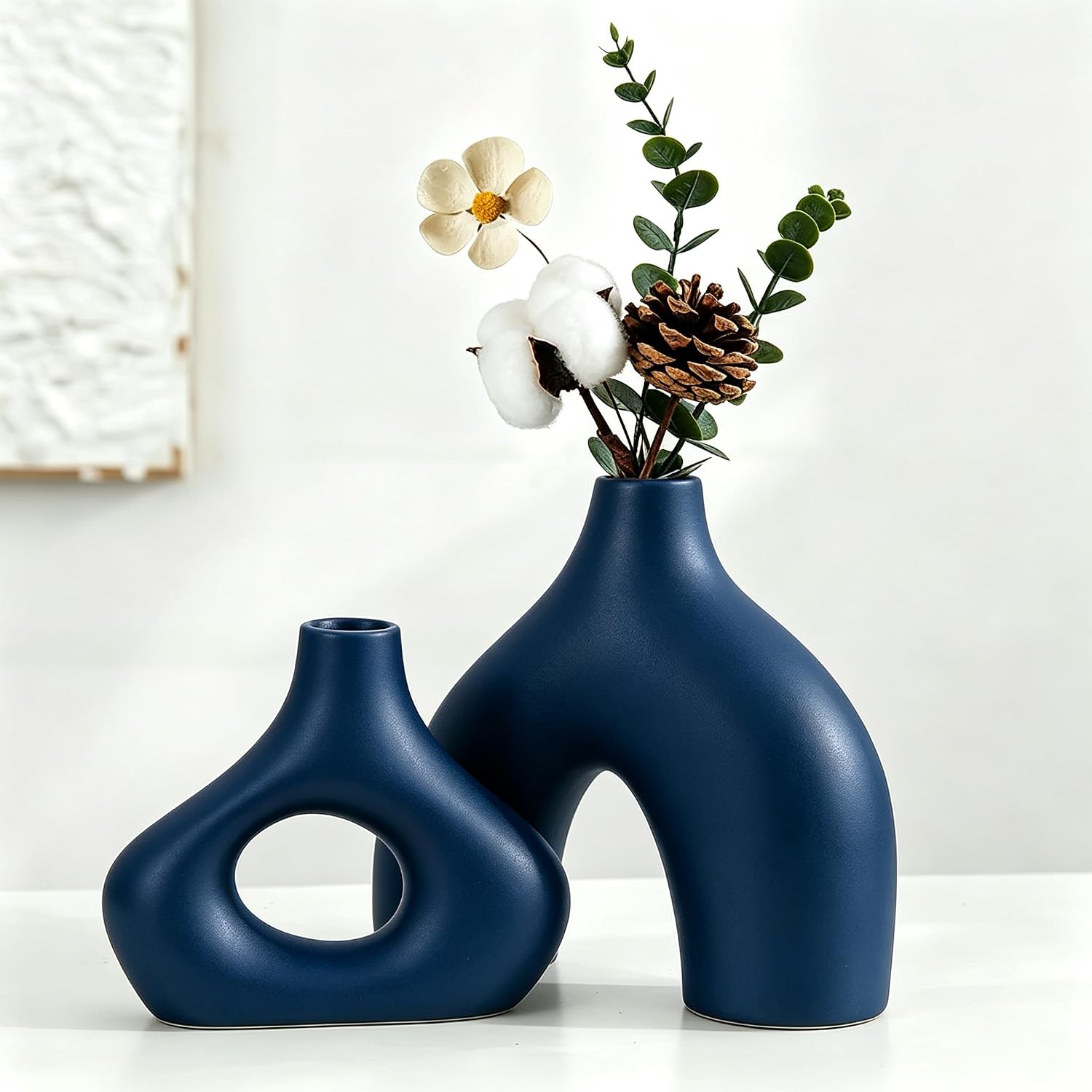 CEMABT Blue Ceramic Vase Set of 2 for Modern Minimalist Bohemian Decor，Round Matte Donut Vases for Pampas Grass-Perfect for Living Room, Dining Table, Office Bedroom Shelf Decor Entryway, Console