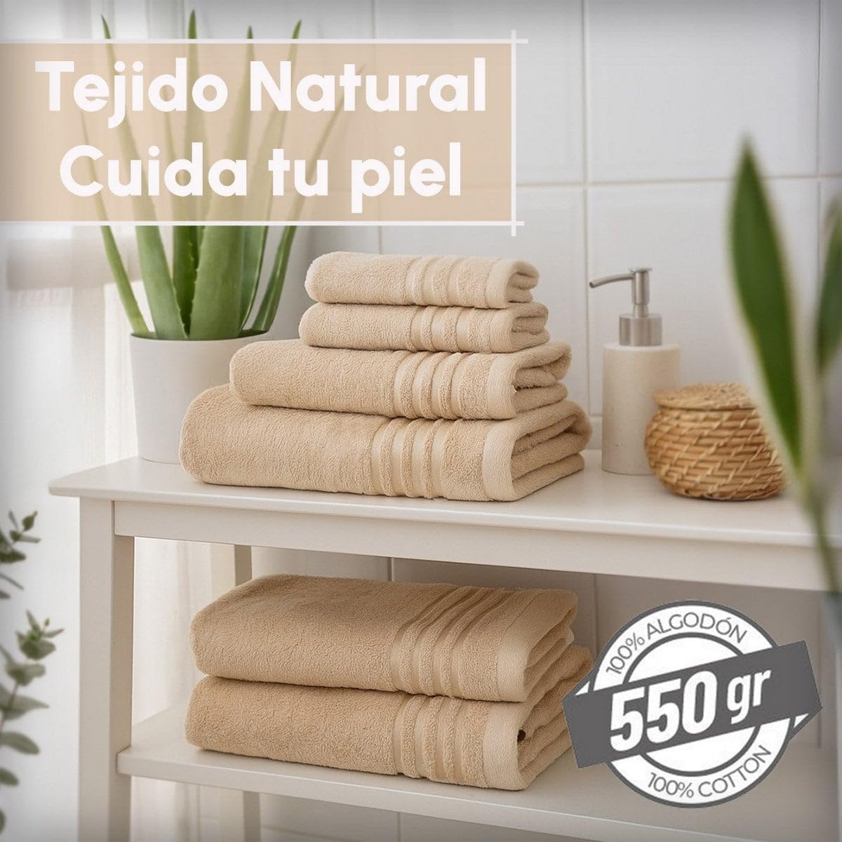 Juego de 6 Toallas de Ducha Grandes Beige 100% algodón Rizo 150x100 cm | Tejido suave de gran gramaje con alta absorción. Aptas para lavadora, de uso diario.