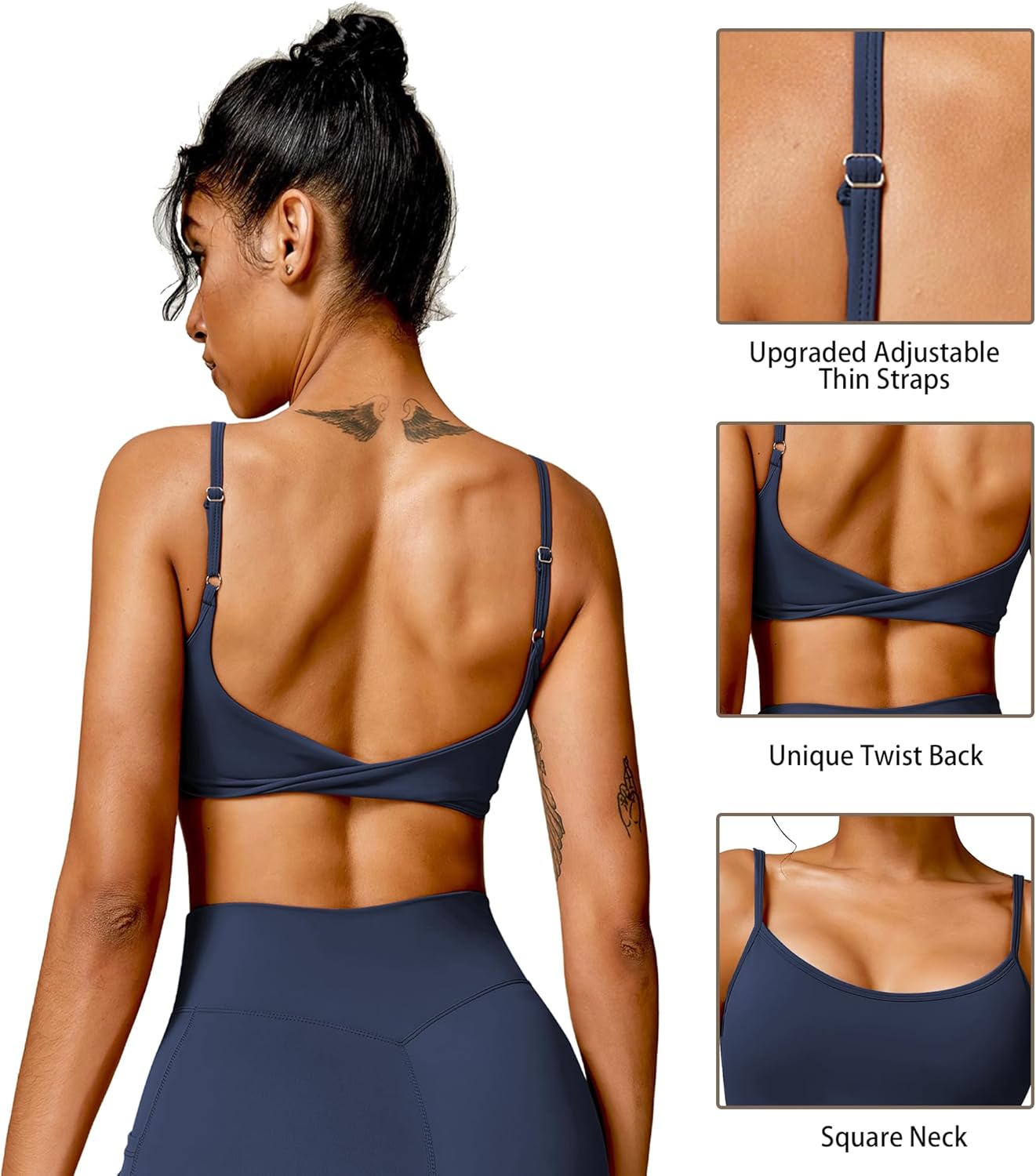 QUOJIZY Sports Bras for Women Open Back Workout Tops for Women Yoga Bra Spaghetti Straps Twist Back