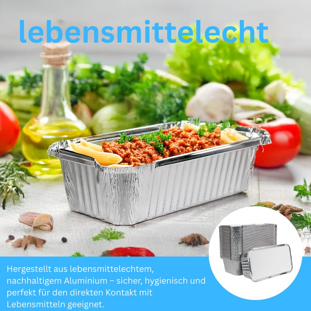 Enpack Aluschale R14/901L - Aluschalen mit Deckel 22x12x5,5 cm - Menüschale - 940 ml Füllmenge - Form für Lebensmittel - Grillschalen - Einwegverpackungen - Einmalbehälter für Pasta (100, mit Deckel)