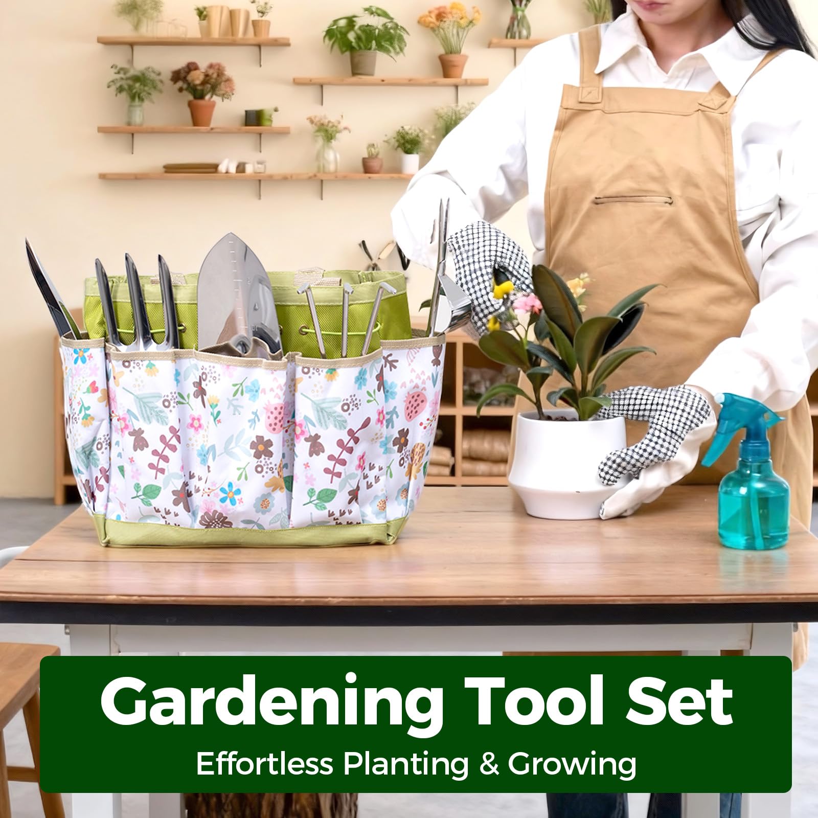 Bamworld Juego de Herramientas de Jardinería 9 Piezas, Kit Jardinería y Set Jardín de Acero Inoxidable con Bolsa, Guantes, Pulverizador, Pala, Tijeras de Podar, Rastrillo para Macetas y Huerto