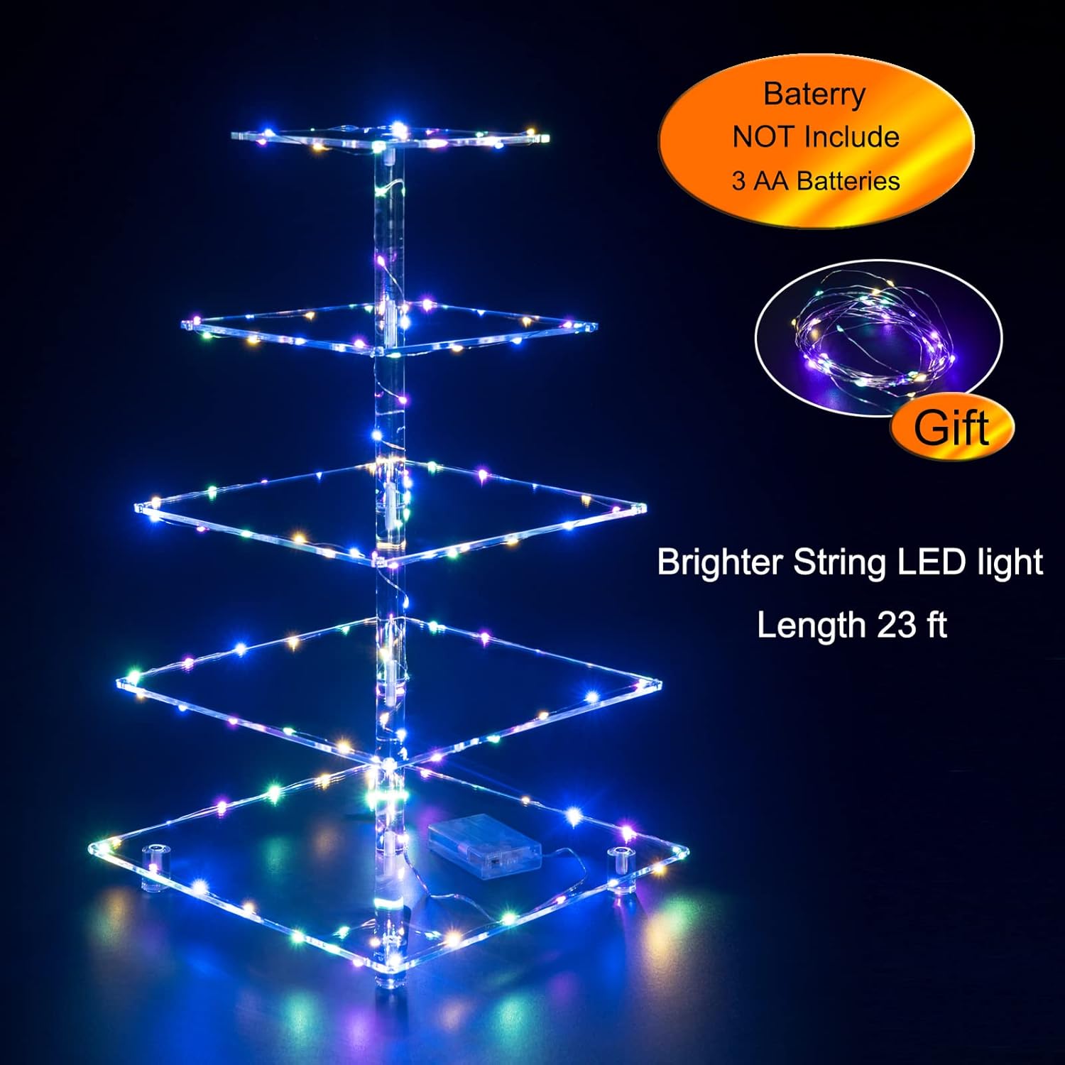 Cupcake Stand, 5-Tier Square Cupcake Holder with LED Light String, Acrylic Cupcake Tower Display-Dessert Tower-Pastry Stand-Cupcake Tier Stand for Wedding, Birthday Party (Colorful Light)…