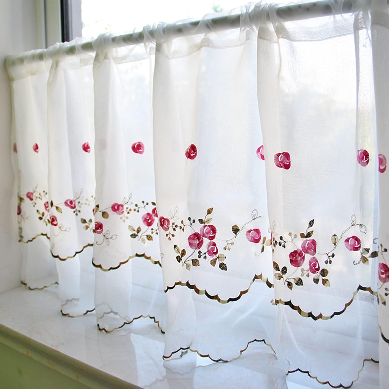 Kitchen Curtain White Tulle, Curtains Valance Nice Floral Embroidery, Light Filtering 2 Tier Curtains, for Living Room/Bedroom/Bathroom/Cafe Windows Decor (Size : W175xH45cm/68.8x17.7in)