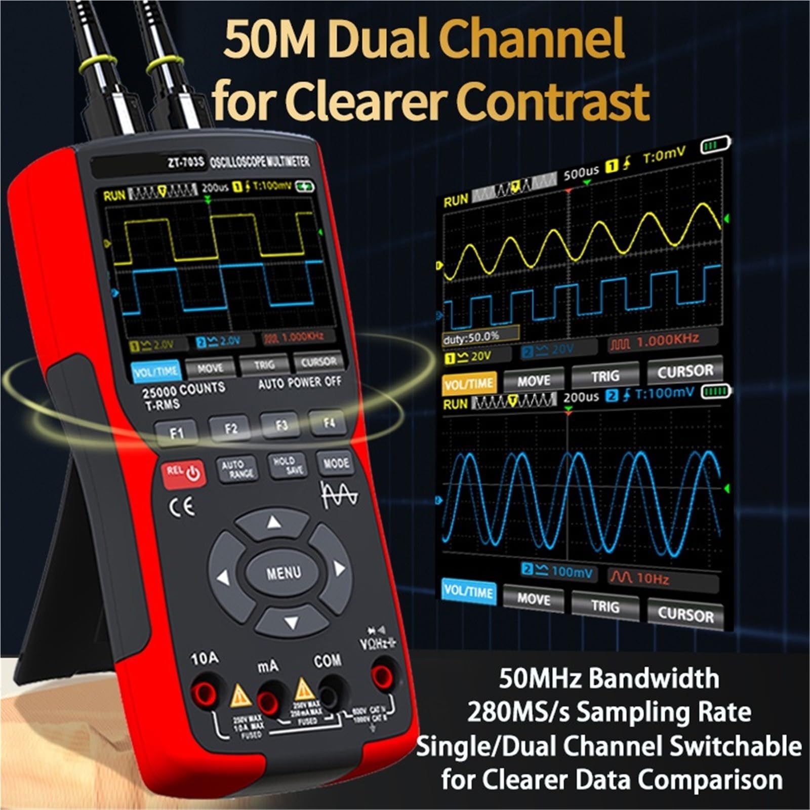 Osciloscopio digital, Generador De Señal Multímetro Osciloscopio Digital 3 En 1 2 Canales 50MHz 280MS/S 25000 Recuentos Para Pruebas Electrónicas 703S,para pruebas y análisis