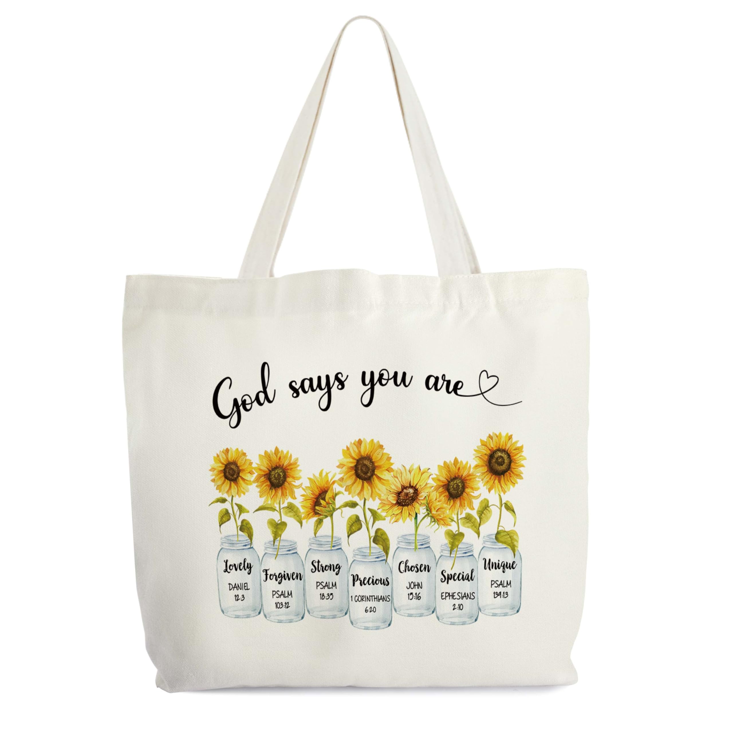 Inspirational Christian Canvas Tote Bag for Women, God Says You Are Unique Bible Tote, Bible Verse Religious Gift Bag, Sunflower Library Book Bag,
