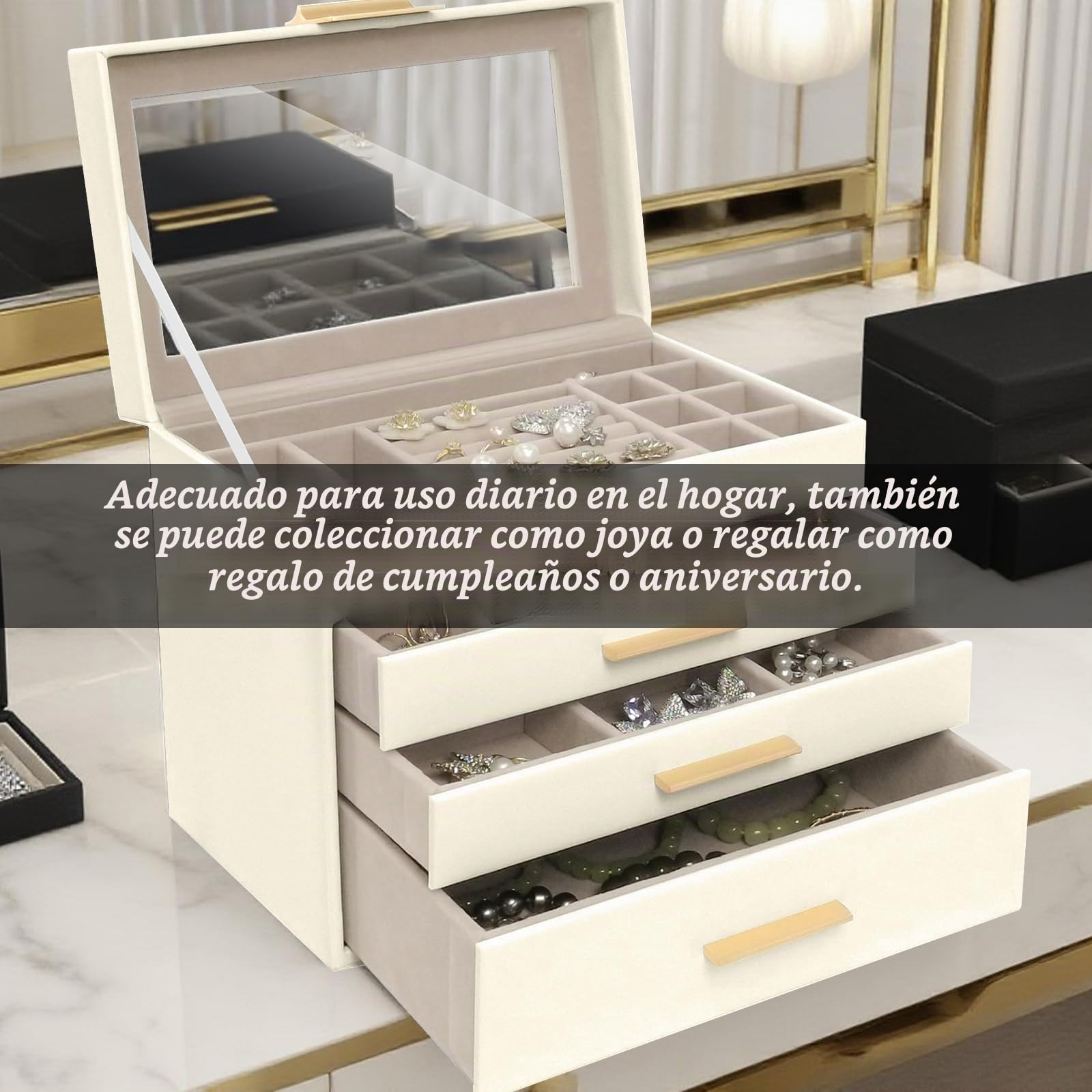 Caja Joyero Mujer de 4 Niveles, Joyeros Organizador Joyas Cuero PU | 3 Cajones, Gran Capacidad, Joyería Joyero para Mujeres y Niñas para Pendientes, Cadenas, Pulseras - Beige