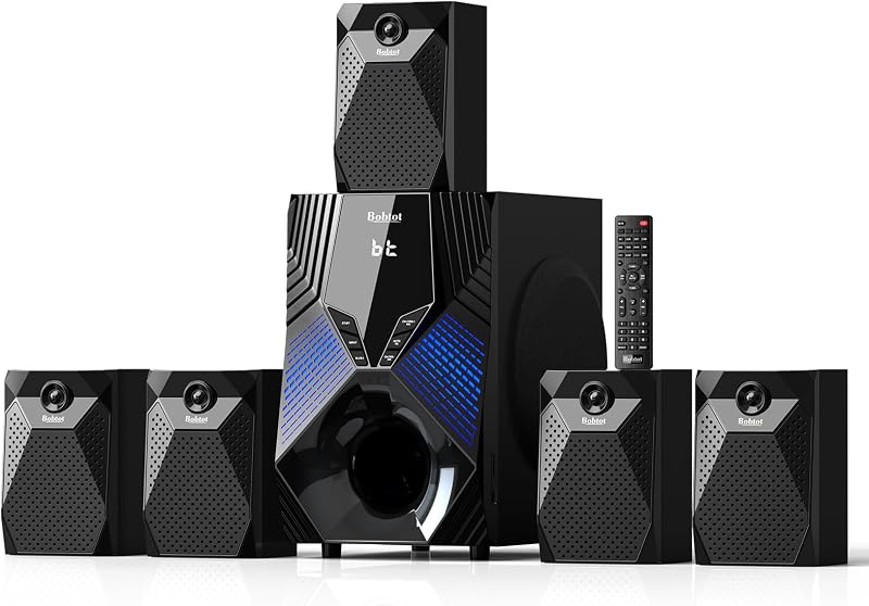 Sistema de cine en casa, sistemas de sonido envolvente de potencia máxima de 1000 vatios | 5 parlantes de audio satelital con cable, subwoofer de 8 ", graves profundos de 5.1/2.1 canales con entrada auxiliar Bluetooth óptica ARC