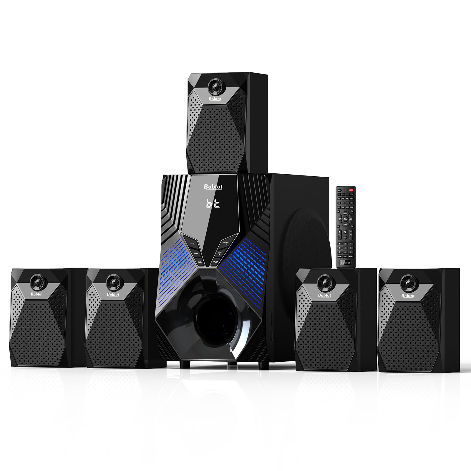 Bobtot Home Theater System, 1000 Watts Peak Power Surround Sound Systems 5 Wired Satellite Audio Speakers 8" Subwoofer 5.1/2.1 Channel Deep Bass with ARC Optical Bluetooth AUX Input