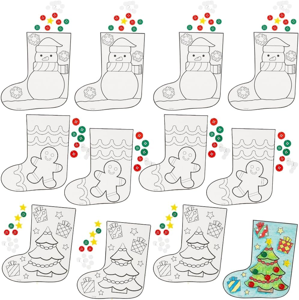 Color Your Own Christmas Stocking with Buttons Craft Kit - 7" x 8" (12 Sets) - Assorted Design - Ideal for Holiday Craft Activities and Festive Decorations