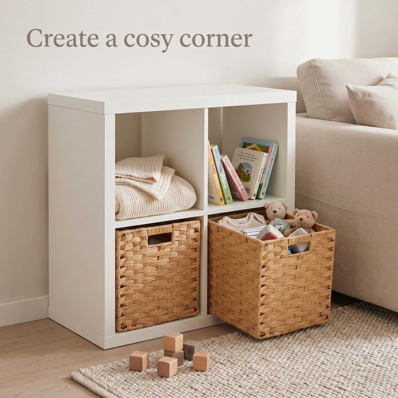 Caja de almacenamiento en forma de cubo, 25 x 25 x 25 cm, cesta de almacenamiento de ratán sintético para juguetes, ropa, estantes, guarderías, armarios, impermeables, no mohosas (beige