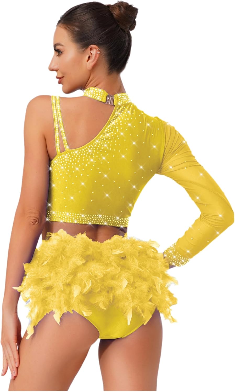 Women 2 Piece Dance Outfit Rhinestone Crop Top with Feather Briefs Jazz Latin Lyrical Dance Costume