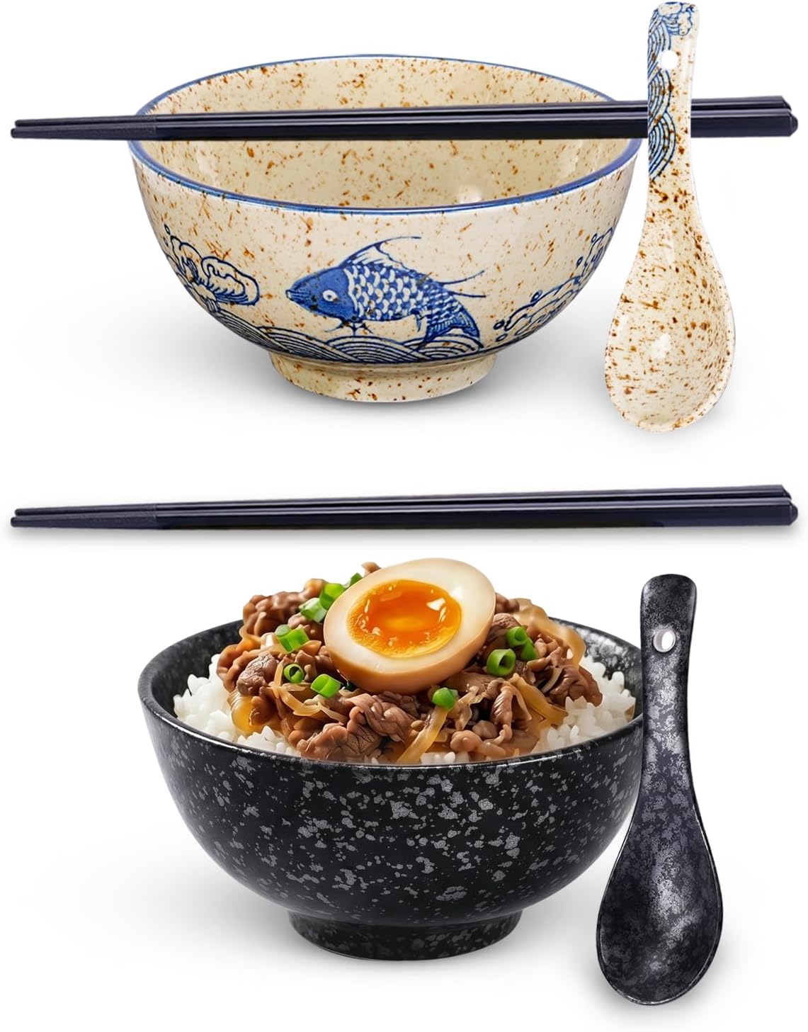 Oriental Rice Bowl Set of 2, 5" Small Ceramic Bowl Japanese Decor, Traditional & Modern Minimalist Rice Ramen Bowls for Asian Gifts, Durable Chinese Serving Dishes for Cereals, Noodles & Snack, 17 oz