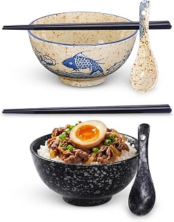 Ceramic Rice Bowl Set of 2 with Chopsticks and Spoons, Fish and Black, 17oz | Koi Motif and Matte Kaolin Porcelain with Utensils, Microwave and Dishwasher Safe, 8 Piece Setting, Stacks Flat, 5 Inch