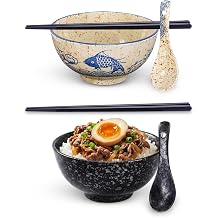 Ceramic Rice Bowl Set of 2 with Chopsticks and Spoons, Fish and Black, 17oz
