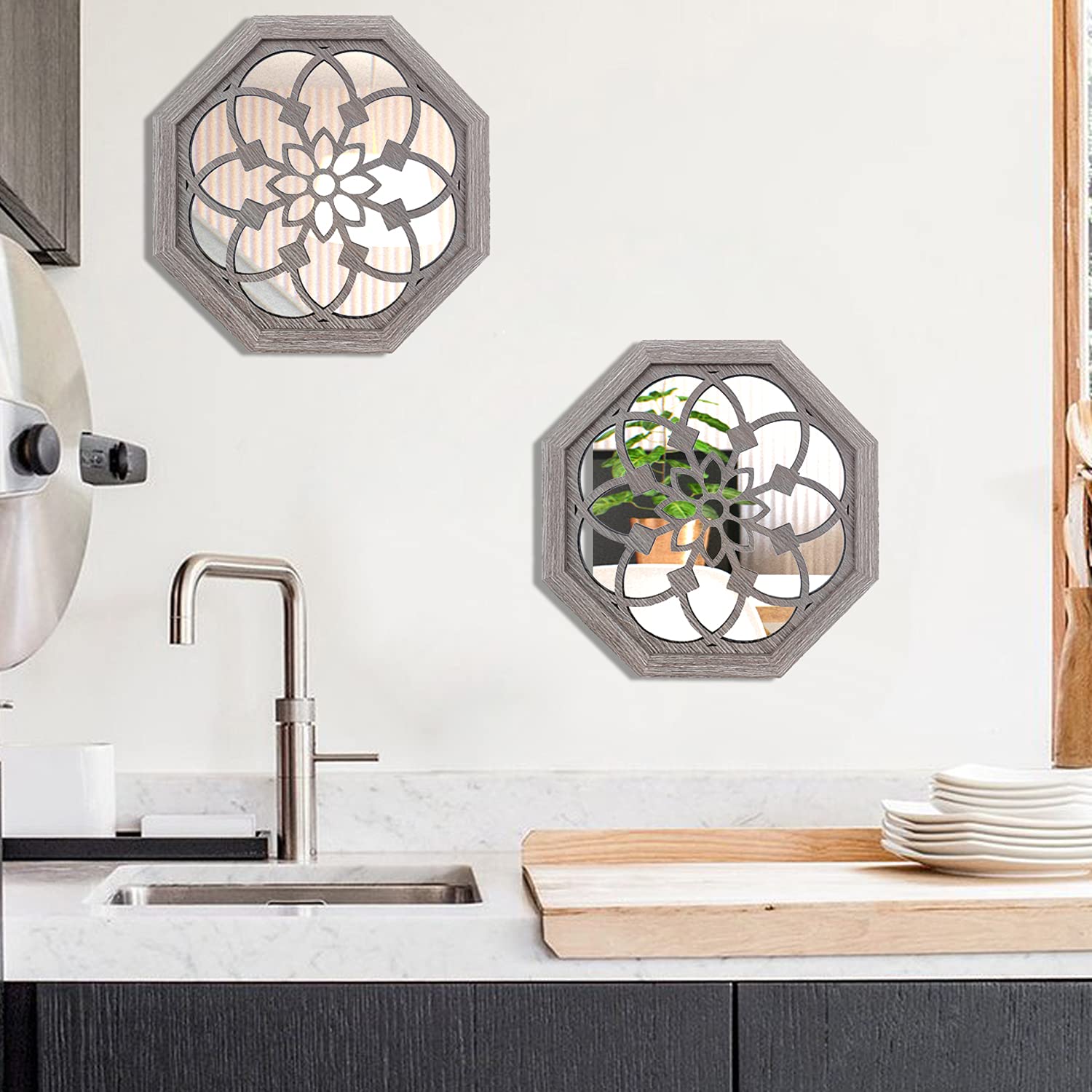 ZOLAPI 2 PCS Octagon Wall-Mounted Mirrors,Vintage Farmhouse Mirror for Wall Decor,Barn Wood Color Decorative Accent Mirror for Foyer, Bathroom, Bedroom. (12”x12”)