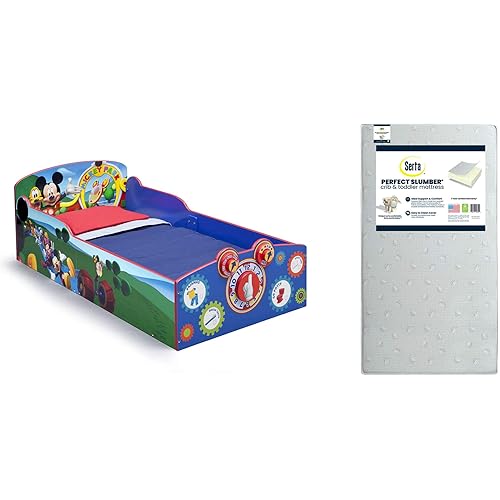 Delta Children Interactive Wood Toddler Bed, Disney Mickey Mouse + Serta Perfect Slumber Dual Sided Recycled Fiber Core Toddler Mattress (Bundle)