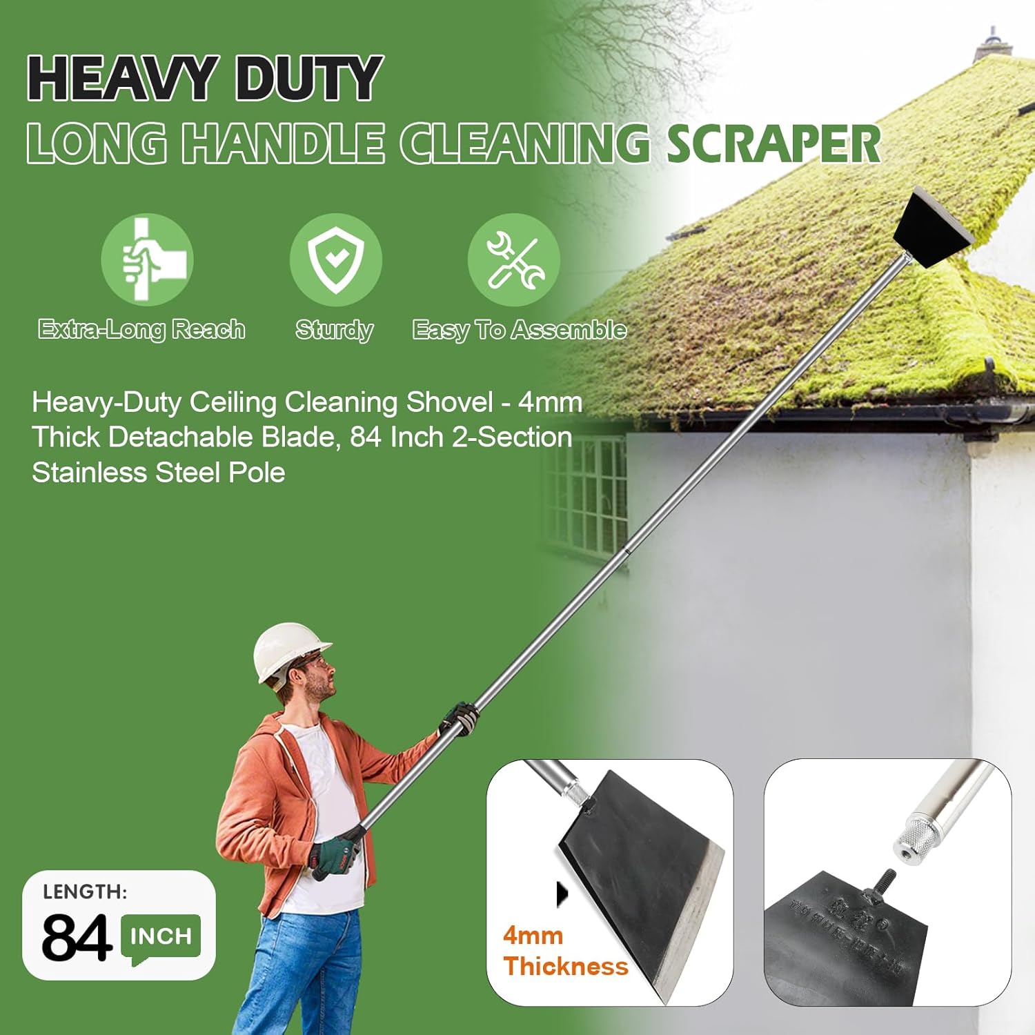 84" garden shovel cleaning floor scraper, weed removal tool, long handle with heavy duty sharp blade for ice roof back yard sidewalk grass walls glass tile painting stripping tools