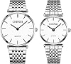 JewelryWe Paar Uhren Quarz Analog Partner Freundschafts Armbanduhr Klassische Einfache Ultra Dünne Uhr mit Edelstahl Armband Valentinstag Pärchen Geschenk für Herren Damen Silber