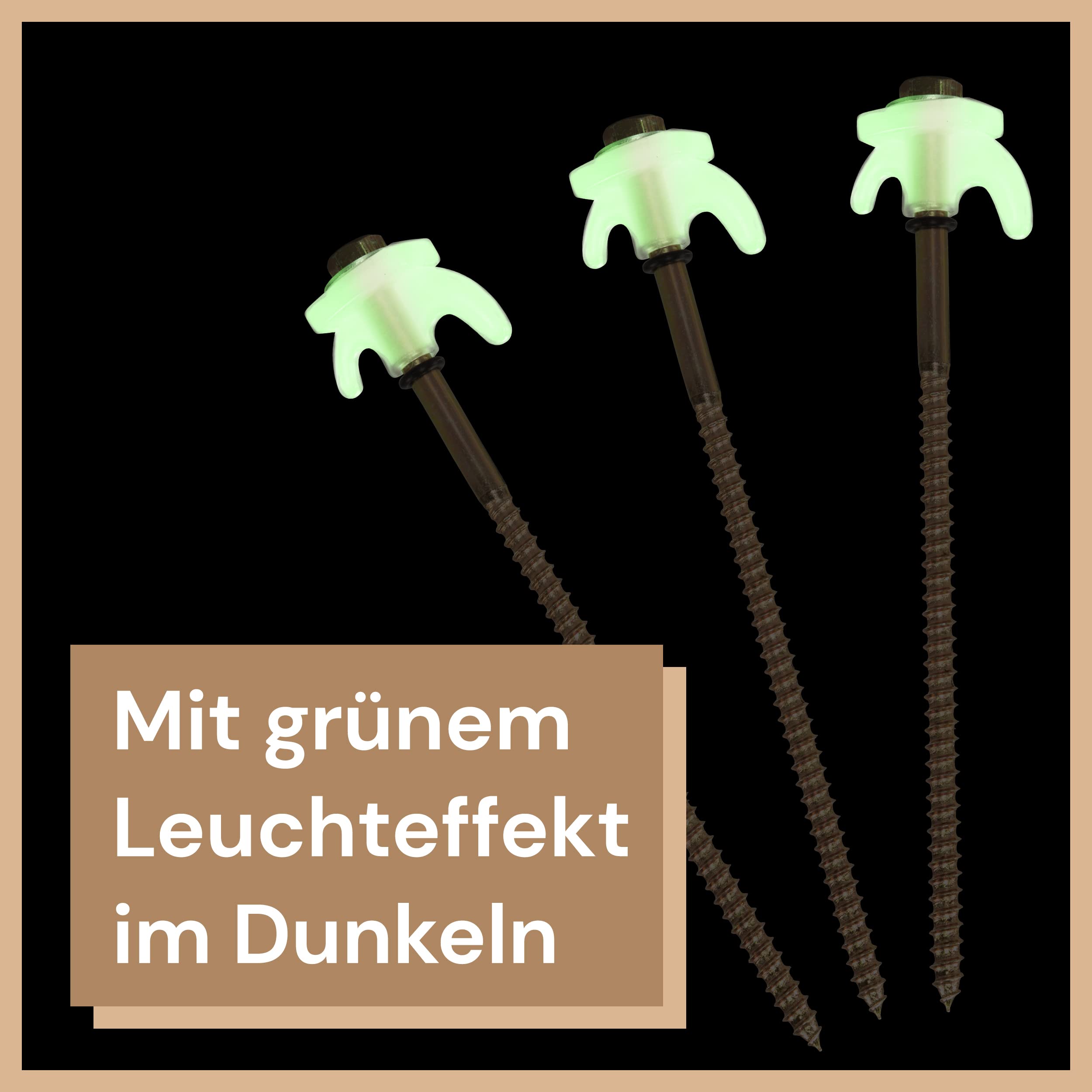 Schraubheringe Set - [30 Stück] Stahl Heringe für weiche bis Harte Böden inkl. Bohrer (5mm & 6mm) - Zeltschrauben mit Leuchteffekt, inkl. Transportbox, 15x O-Ringe & Bit für Akkuschrauber
