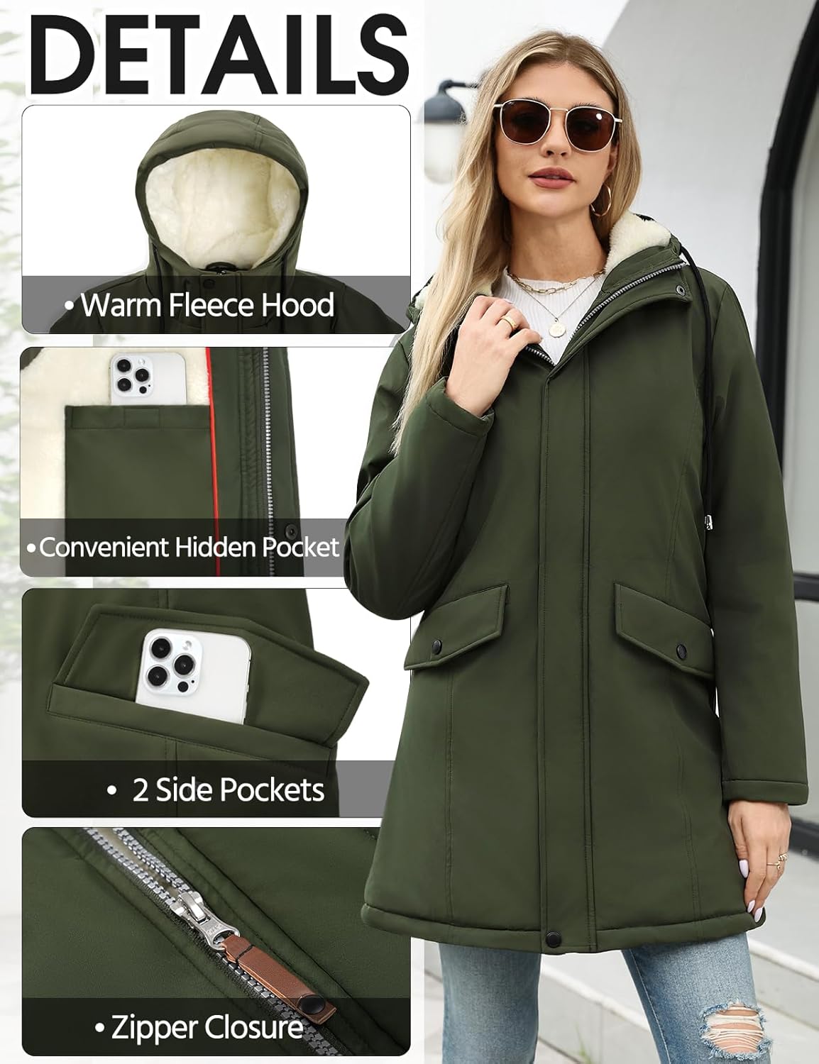 Women's Winter Rain Jackets Water-Repellent, Warm Fleece Lined Winter Rain Coats with Adjustable Hood & Hidden Pockets - Image 4