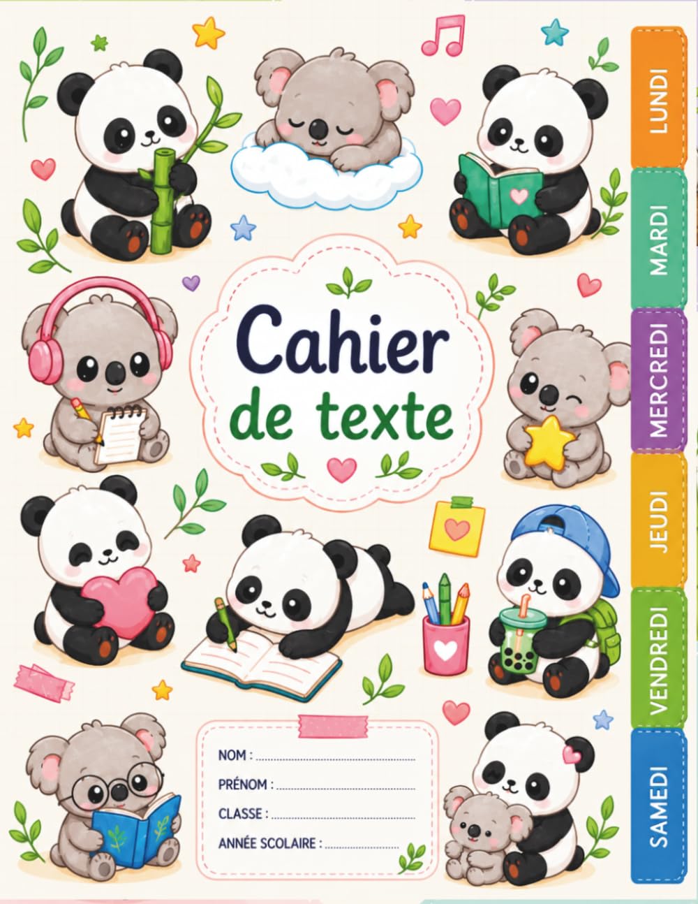 Cahier de Texte 2026 2027 Kawaii Koala & Panda : Pour filles et garçons – CP, CE1, CE2, CM1, CM2 – Intérieur en Couleur – Pratique pour toutes les matières – Motif kawaii koala & panda